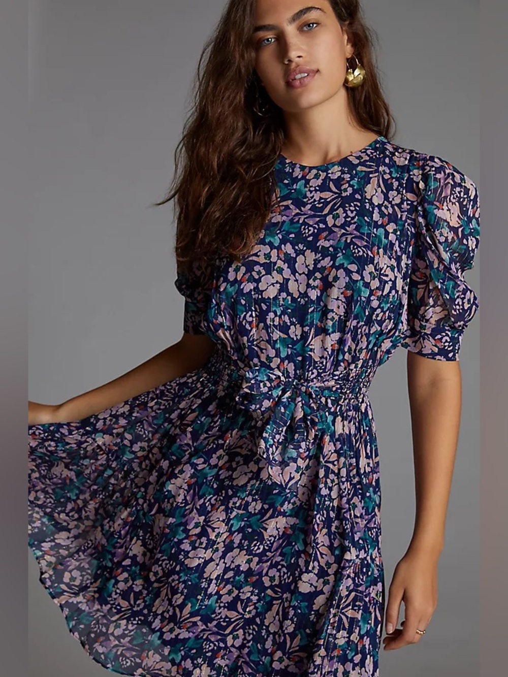 Anthropologie Shoshanna Floral Metallic Stripe Puff Sleeve Mini Dress Size 2
